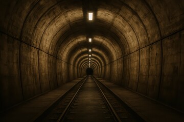 Dimly Lit Tunnel with Railroad Tracks and Concreted Walls