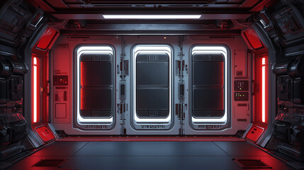 High-tech futuristic sci fi corridor with illuminated red and white lighting, metallic walls, and sealed doors in a spaceship interior.