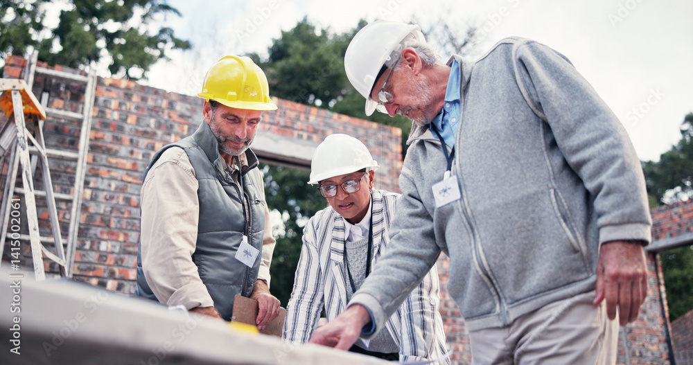 Poster construction site, people and discussion for floor plan, blueprint and idea for property development