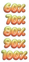set of 3d percentage discount with transparent background, 60%, 70%, 80%, 90%, 100%, red, green, PNG images