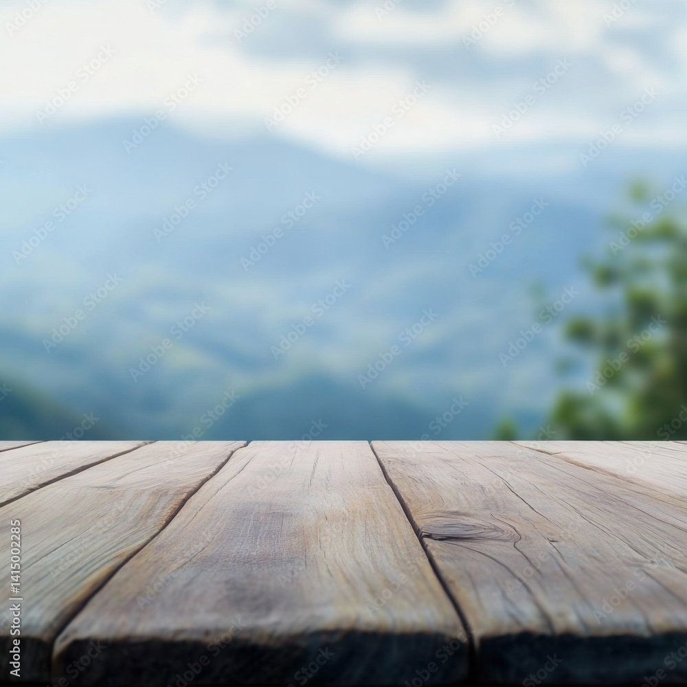 Poster rustic wooden table surface with blurred mountain range backdrop creating a serene nature scene for 