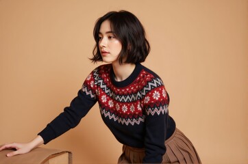 Cheerful female festive sweater tousled black bob hairstyle coy smile under inviting lighting beige setting holiday marketing