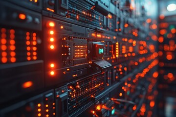 Obraz premium Network servers illuminated with vibrant orange lights in a modern data center during late evening hours