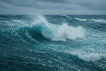 Naklejka premium Turbulent Ocean Waves Rolling in a Stormy Gray Sky Setting
