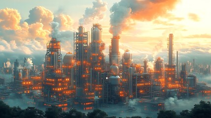 Fototapeta premium Industrial complex at sunrise, shrouded in smog.