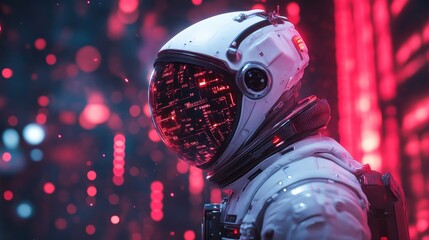 Astronaut in Futuristic Space Suit with Red Circuitry and Bokeh Background Perfect for SciFi