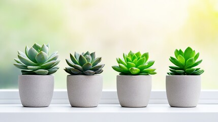 Obraz premium Four succulents are sitting in gray pots on a white surface in front of a blurred window.