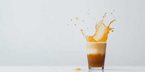 A glass of coffee with a splash of milk and foam on top. The splash of foam creates a sense of motion and energy, while the coffee itself represents warmth and comfort