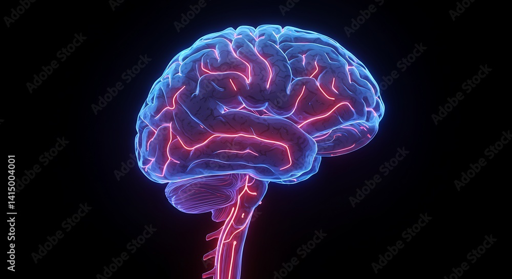 Poster glowing human brain with neural activity, a visual representation of intelligence