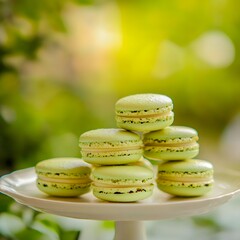 stack of pistachio macarons, soft pastel green shells with creamy filling, elegant café setting, blurred background