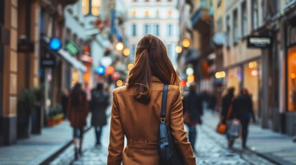 A businesswoman walking confidently down a street in a foreign city, representing global expansion