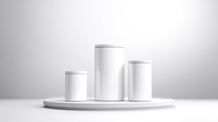 Blank cylindrical containers arranged on a round platform, against a plain white background.  A minimalist presentation