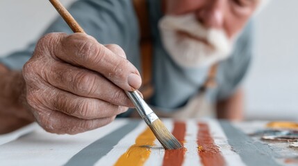 A close-up of an artist's hand painting a vibrant abstract canvas