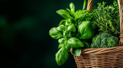Naklejka premium Fresh herbs and broccoli are arranged in a woven basket against a dark green background.