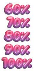 set of 3d percentage discount with transparent background, 60%, 70%, 80%, 90%, 100%, red, blue, PNG images