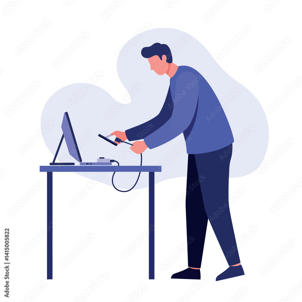 Poster young man connecting smartphone to computer in minimal style standing by table vector illustration