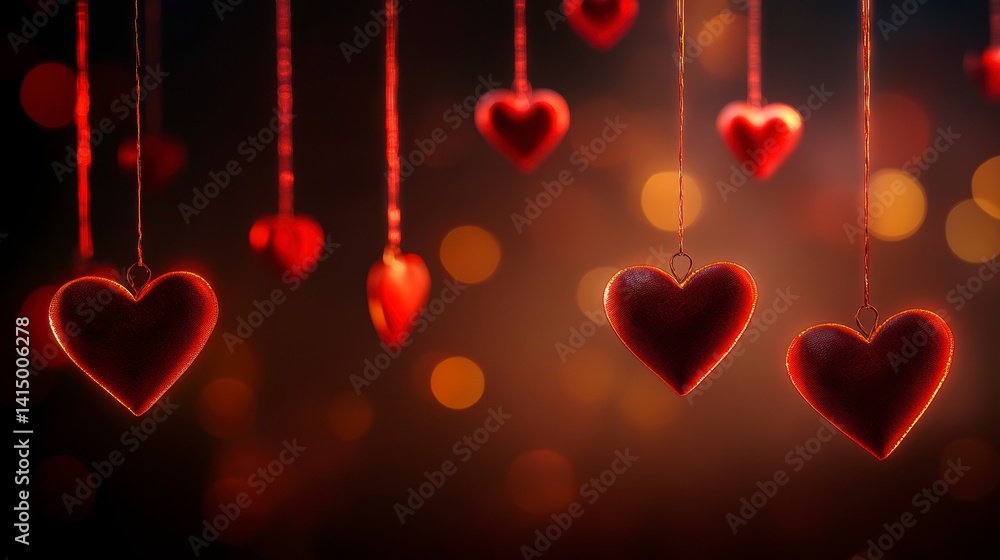 Poster red hearts hanging on strings against a bokeh background.