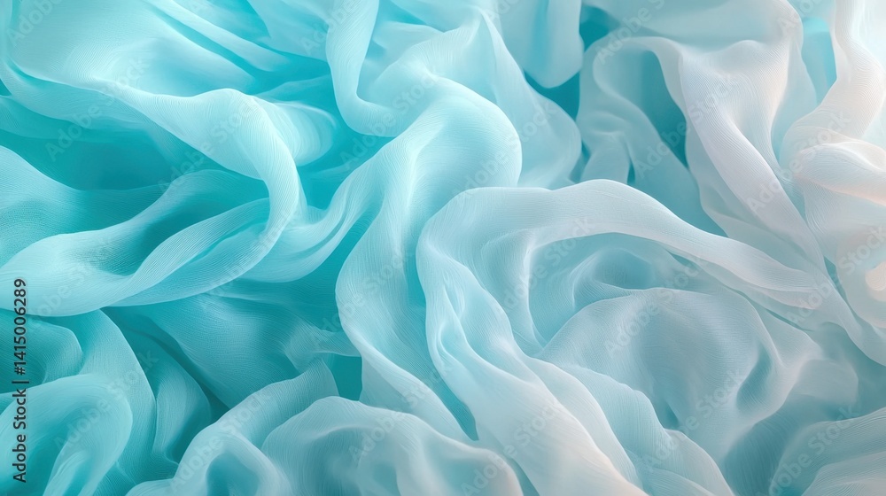 Poster layers of soft turquoise fabric create a delicate and flowing texture, illuminated by bright light, 