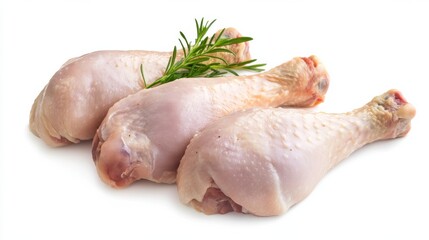 Four raw chicken legs arranged on a white background, garnished with herbs and spices, presenting a fresh and natural food item.