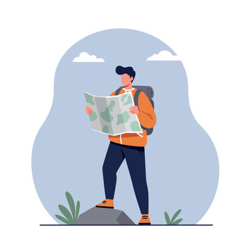 Male hiker standing on rock with backpack reading map outdoors minimal flat vector illustration