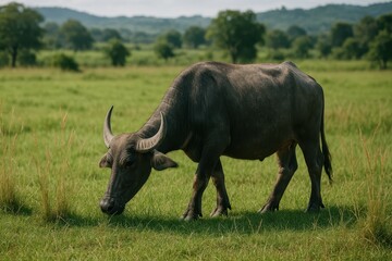 Obraz premium Majestic Water Buffalo Grazing in Lush Green Field Under Blue Sky