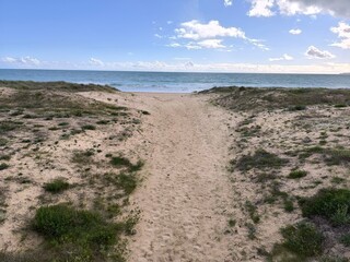 Trail of white sand on sun-warmed sand. 