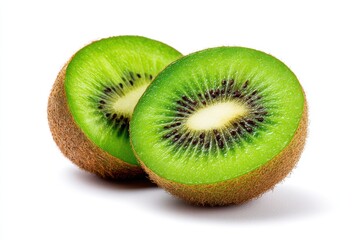 Fototapeta premium Ripe kiwi fruit split in half revealing vibrant green flesh and tiny black seeds on a white background