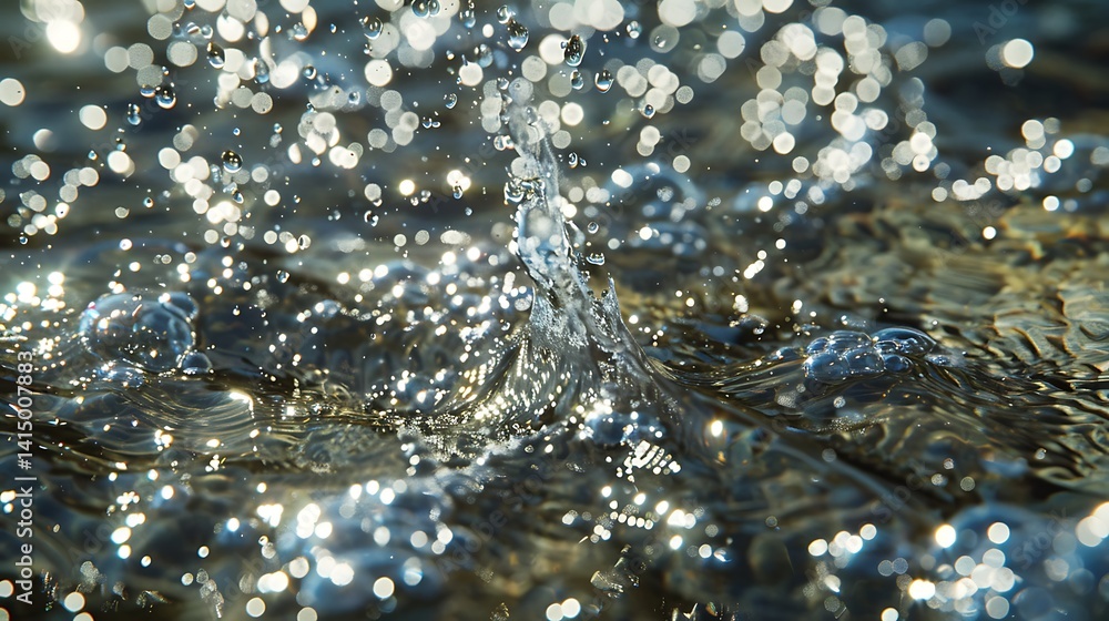 Poster macro close-up of a dynamic water surface with ripples, small splashes, and sparkling highlights ref