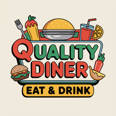 Cartoon Diner Sign with Burgers, Fries and Shakes