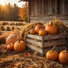Autumn harvest ripe pumpkins and tomatoes in rustic wooden crate