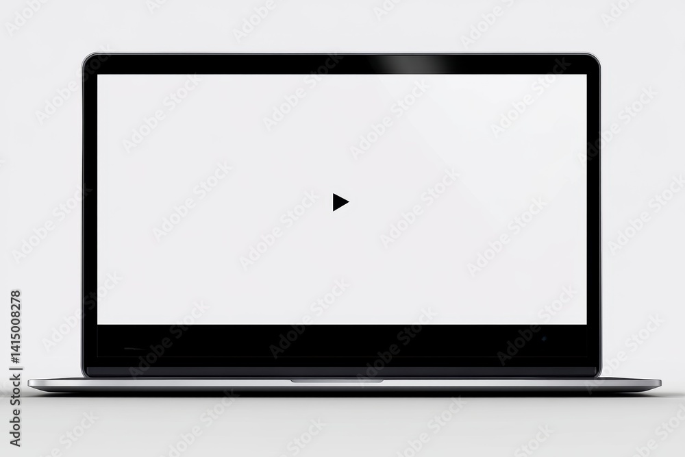 Poster laptop displaying a video playback button with a minimalistic design in a modern setting