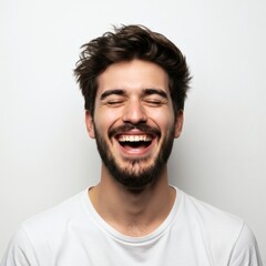 A close-up of a happy, bearded man laughing joyfully, showing genuine happiness.