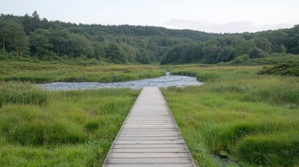 Obraz premium Wooden boardwalk through a lush green valley