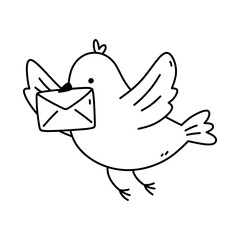 Carrier pigeon with an envelope isolated on a white background. Vector hand-drawn illustration in doodle style. Perfect for decorations, logo, various designs. Cute character.