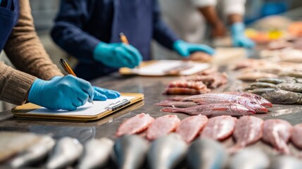 food safety contamination control. Seafood Quality Control Inspection Writing Fish Inventory at the Market Blue Gloves and Pen on Pad.