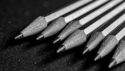 Close-up of sharpened pencils arranged against a dark background  