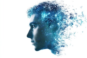 Digital avatar face materializes from particles in cyberspace to represent identity in the metaverse