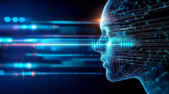 Futuristic digital face with data streams. Agentic AI