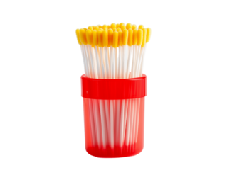 Clear plastic container, red plastic lid, yellow-tipped cotton swabs,  PNG file isolated on transparent background
