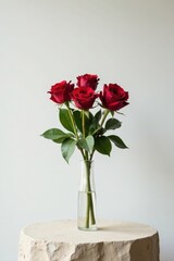 Fototapeta premium A simple arrangement of four deep red roses in a clear glass vase, elegantly placed on a textured light beige surface.