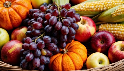Fresh fruits and vegetables arranged in a rustic basket  