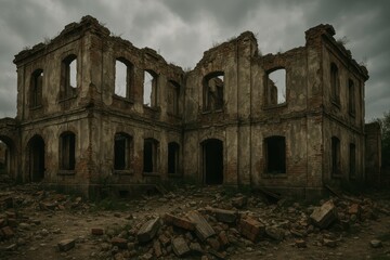 Fototapeta premium Abandoned Historic Building Surrounded by Ruins and Overgrown Nature
