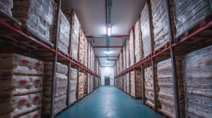 food safety contamination control. Warehouse Interior Storage Solutions Row After Row of Pallets Stacks Neat Goods Supply Chain Logistics.