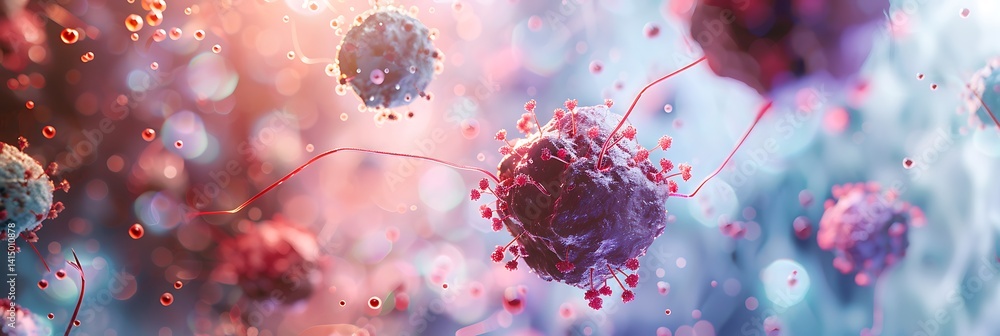 Poster panoramic microscopic view of abstract virus or bacteria cells floating in a biological environment 
