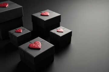 Obraz premium Elegant black gift boxes adorned with embossed red hearts, arranged in descending size on a dark surface