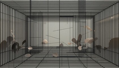 An installation features flat shapes suspended within a rectilinear framework. The framework itself is constructed from a grid of thin lines. Shapes are of varying colors and sizes