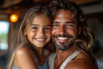 Smiling father and daughter share a joyful moment in a cozy indoor setting during daytime