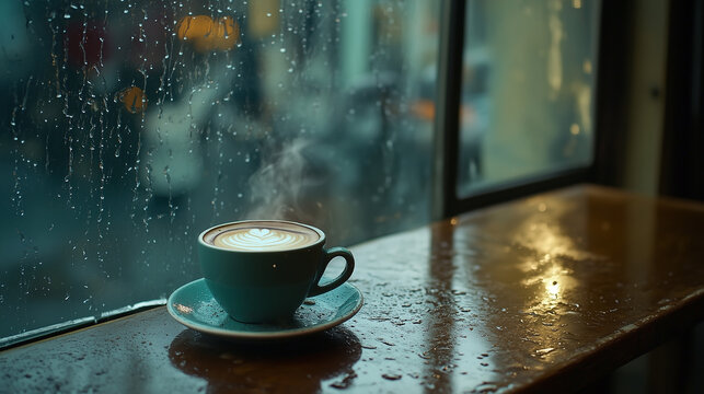 cup of coffee on a table in front of window with rain drops