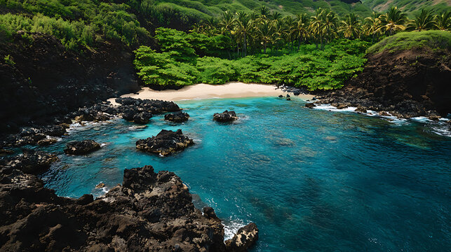 A beautiful beach with a rocky shoreline - Powered by Adobe