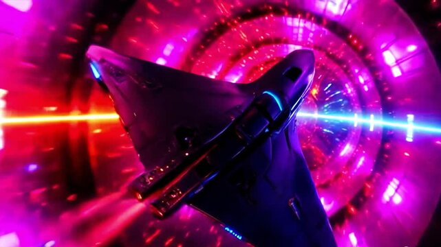 Futuristic spaceship with glowing engines evades laser fire inside neon hyperspace tunnel as camera orbits dynamically around it, surrounded by vivid light distortions and energy patterns